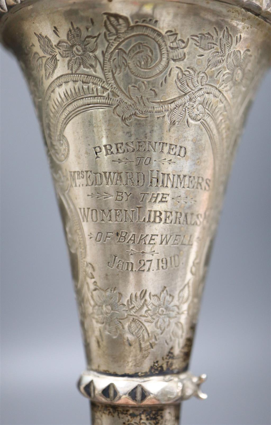 An Edwardian silver posy holder by George Unite & Sons, 14.6cm cup, silver dish, silver miniature chair, a dish, 2 boxes etc